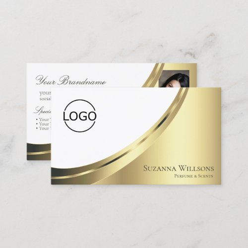 Modern White Gold Decor with Logo and Photo Noble Business Card