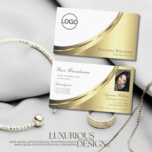 Modern White Gold Decor with Logo and Photo Noble Business Card