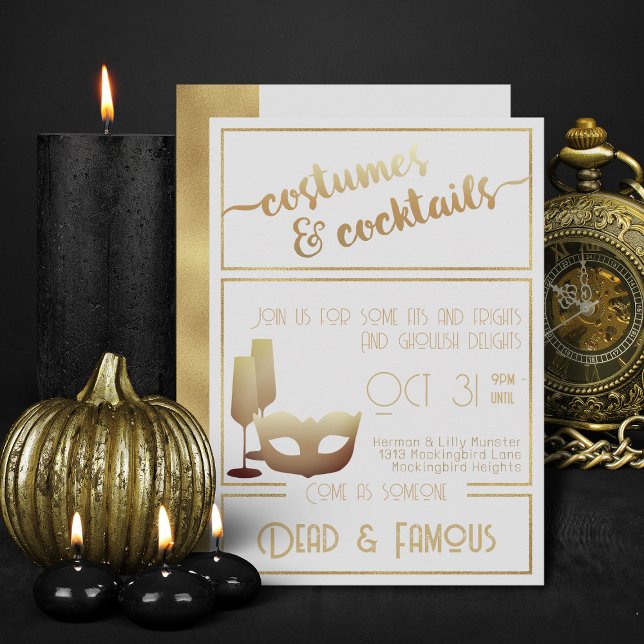 Modern White Gold Elegant Adult Halloween Party  Invitation (Elegant gold and white halloween costumes and cocktails invitations)
