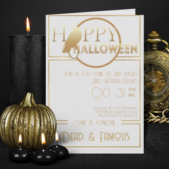 Modern White Gold Elegant Adult Halloween Party  Invitation (Elegant white and gold Halloween invitations)