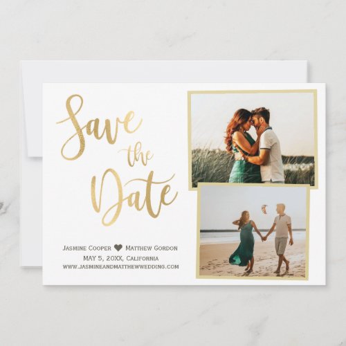 Modern White Gold Elegant Calligraphy Photo Save The Date