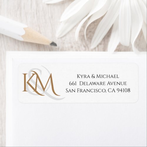 Modern White Gold Elegant Monogram Wedding Address Label