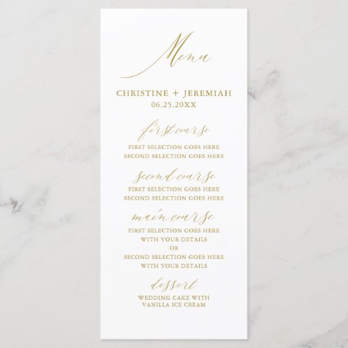 Modern White Gold Elegant Script Wedding Menu