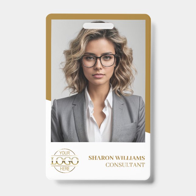 Modern White Gold Employee Photo & Company Logo Badge (Front)