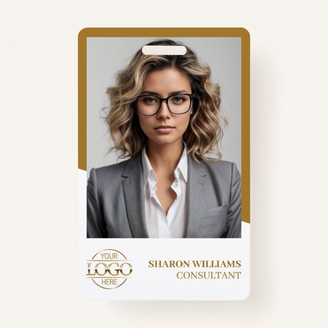 Modern White Gold Employee Photo & Company Logo Badge (Front)