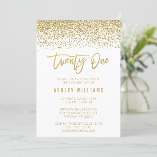 Modern White Gold Faux Glitter 21st Birthday Invitation | Zazzle