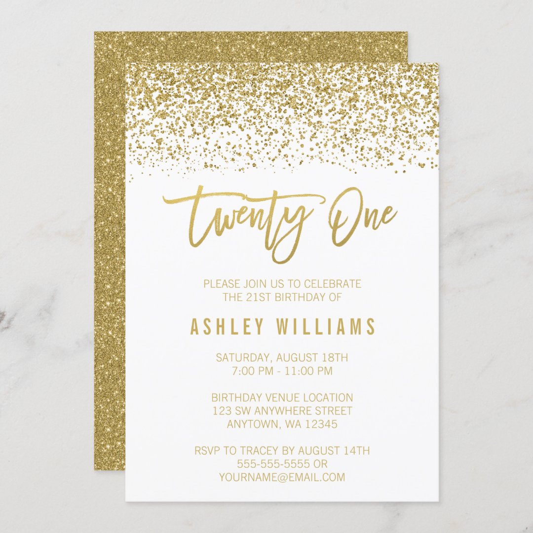 Modern White Gold Faux Glitter 21st Birthday Invitation 