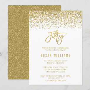 Modern White Gold Faux Glitter 50th Birthday Invitation