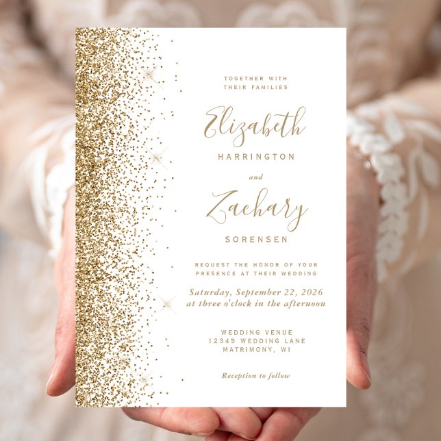 Modern White Gold Faux Glitter Edge Wedding Invitation (Creator Uploaded)
