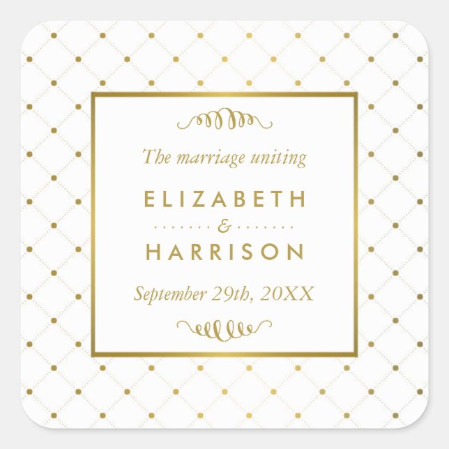 Modern White & Gold Foil Effect Wedding Favor Square Sticker (Front)