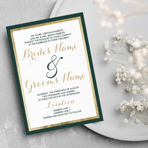 Modern white gold forest green border Wedding Invitation