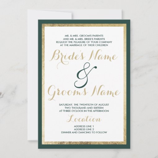 Modern white gold forest green border Wedding Invitation | Zazzle