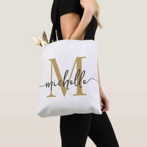 Modern White Gold Girly Chic Monogram Name Tote Bag