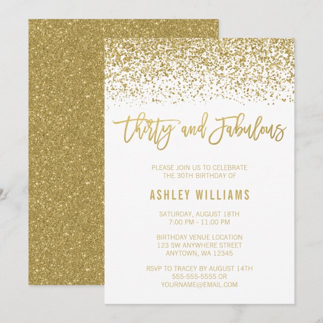 Modern White Gold Glitter 30 Fabulous Birthday Invitation (Front/Back)