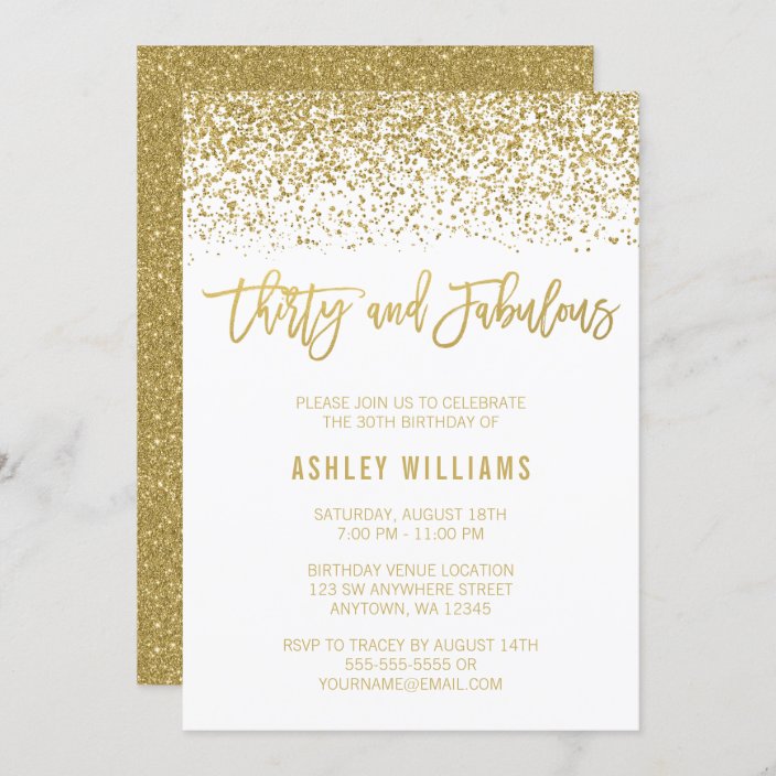 Modern White Gold Glitter 30 Fabulous Birthday Invitation | Zazzle.com