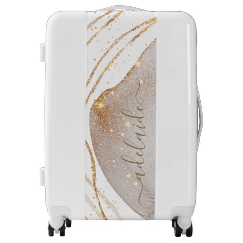 Modern White Gold Glitter Girly Monogram Script Luggage