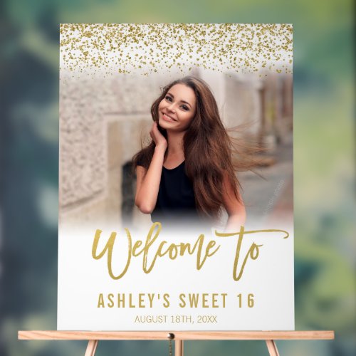 Modern White Gold Glitter Sweet 16 Photo Welcome Acrylic Sign