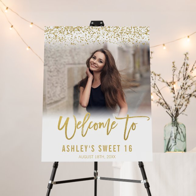 Modern White Gold Glitter Sweet 16 Photo Welcome Foam Board (In Situ (Stand))