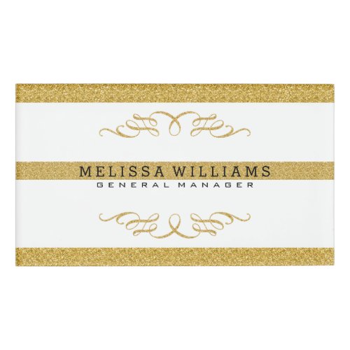 Modern White  Gold Glitter  Swirls Design Name Tag