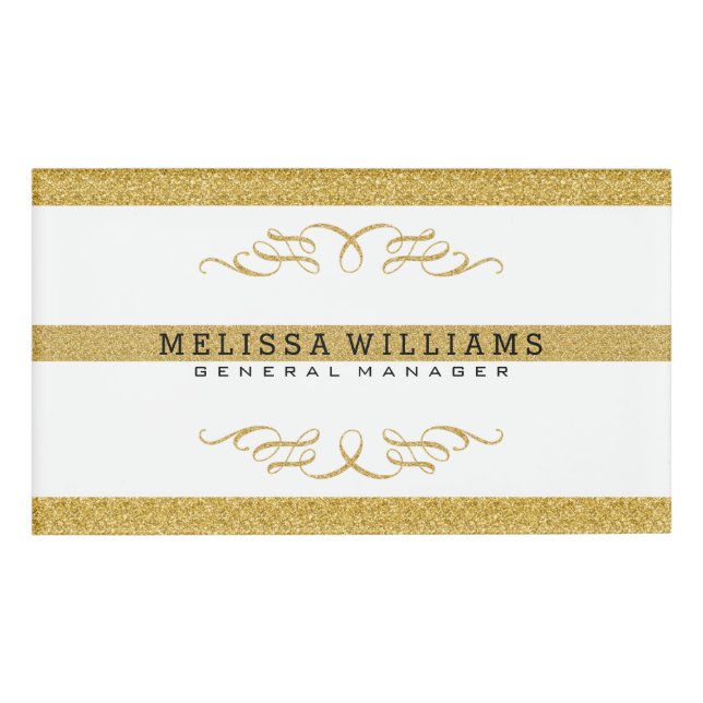 Modern White & Gold Glitter & Swirls Design Name Tag (Front)