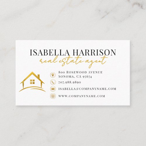 Modern White Gold House Logo Real Estate Business Card