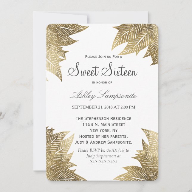 Modern White Gold Leaves Sweet 16 Invitation (Front)
