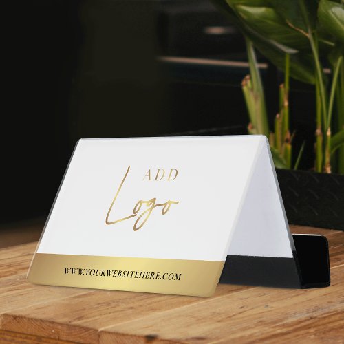 Modern White  Gold Logo Simple Chic Desk Business Card Holder