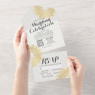 Modern White Gold Mandala Flower Chic Wedding RSVP All In One Invitation