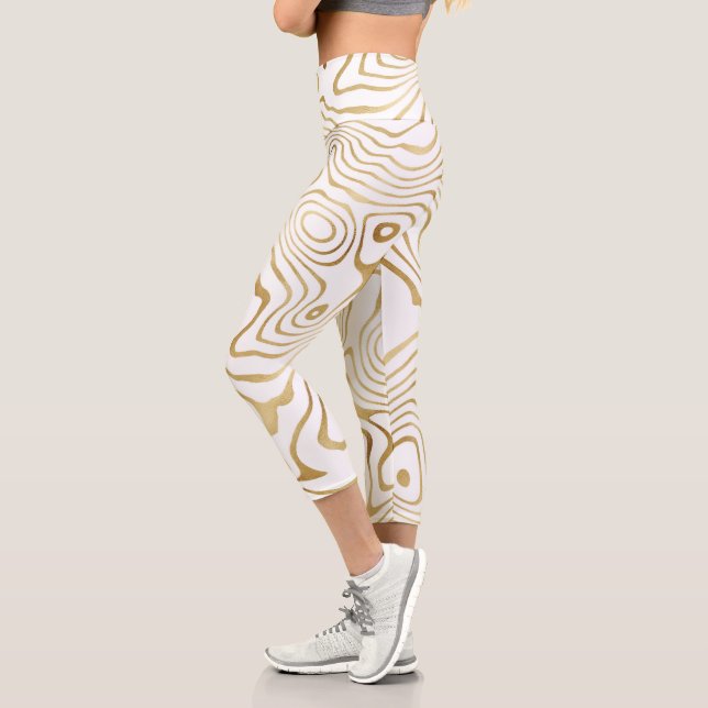 Modern White Gold Marble Abstract Capri Leggings (Left)