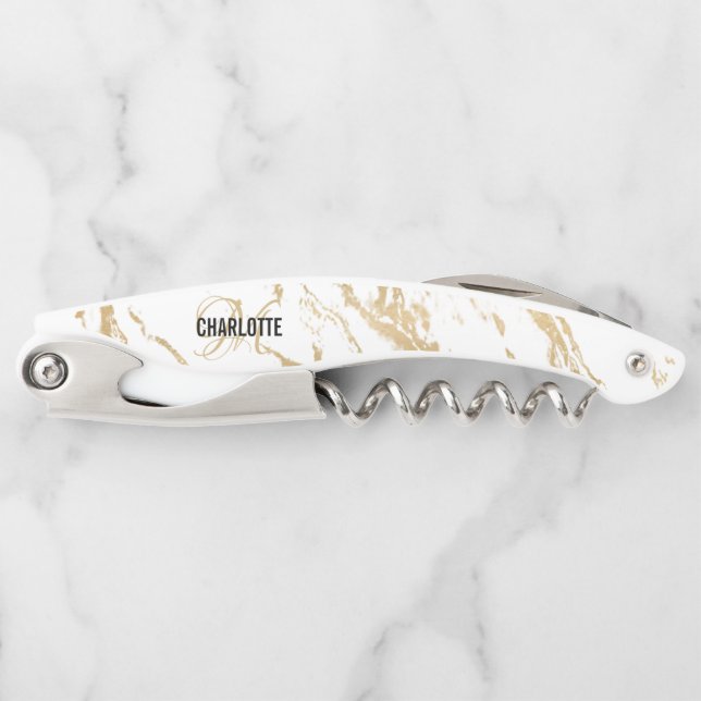 Modern white gold marble monogram name  waiter's corkscrew (Front)