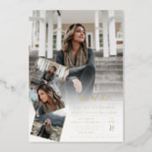 Modern white gold minimalist photo graduation foil invitation (Front)