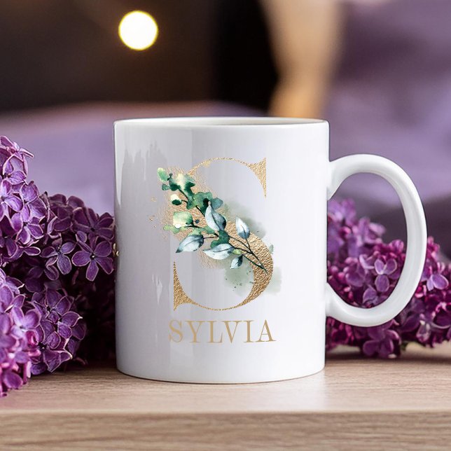 Modern White, Gold Monogram Floral S  Coffee Mug (Creator Uploaded)