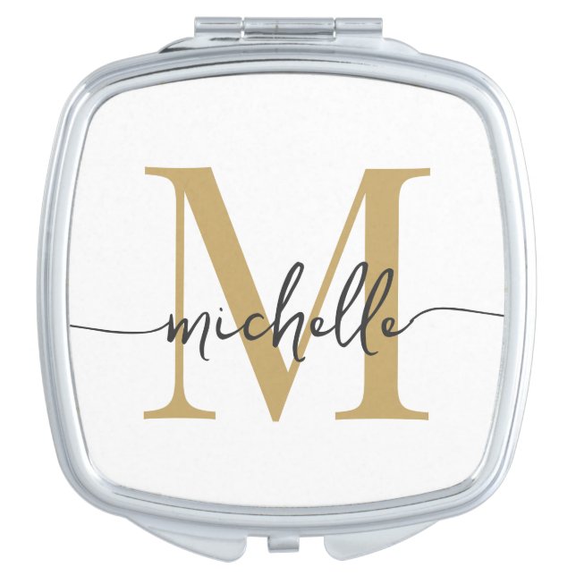 Modern White Gold Monogram Name Elegant Script Compact Mirror (Front)