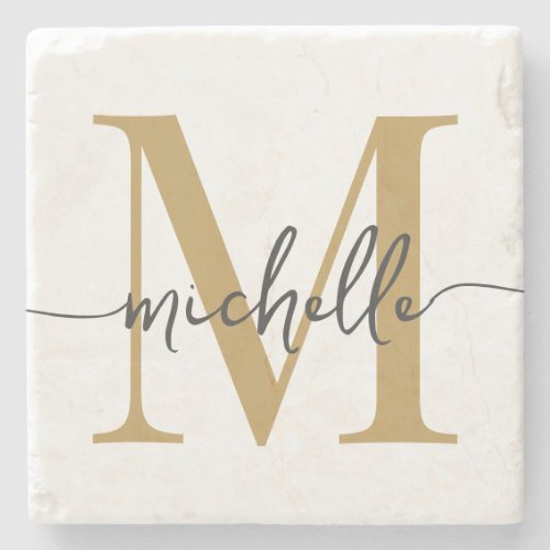 Modern White Gold Monogram Name Elegant Script Stone Coaster
