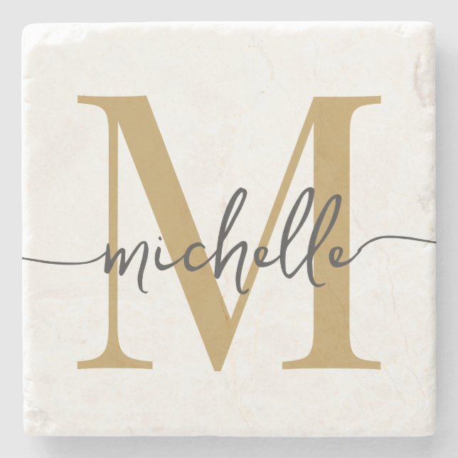 Modern White Gold Monogram Name Elegant Script Stone Coaster (Front)
