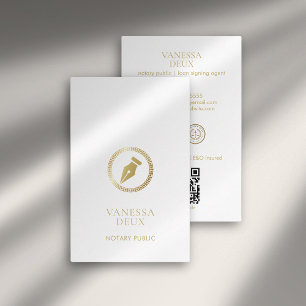 Modern White & Gold Notary Pen Tip QR Logo Elegant Business Card