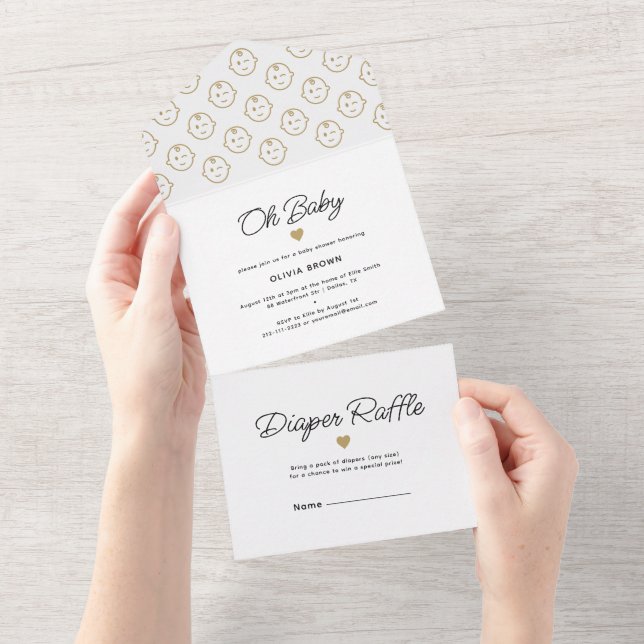 Modern White Gold Oh Baby Shower All In One Invitation (Tearaway)
