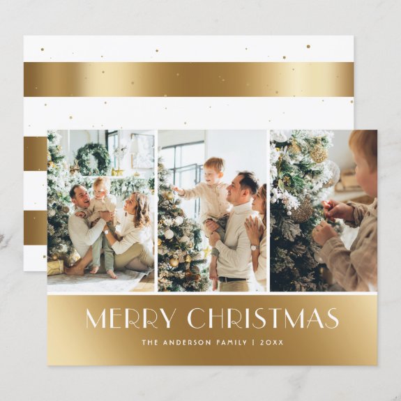 Modern White Gold Photo Collage Christmas Card
