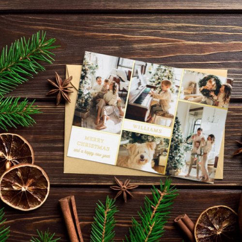 Modern White Gold Photo Collage Merry Christmas Foil Holiday Card