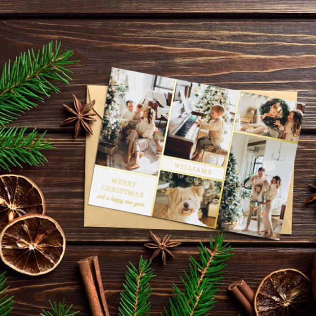 Modern White Gold Photo Collage Merry Christmas Foil Holiday Card (Creator Uploaded)