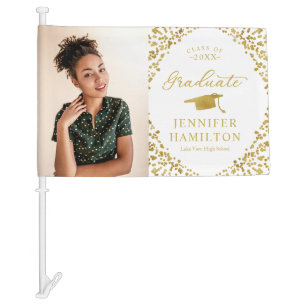 Modern White Gold Photo Graduation Car Flag