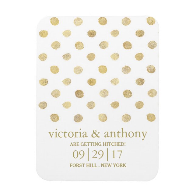 Modern White & Gold Polka Dots Save The Date Magnet (Vertical)