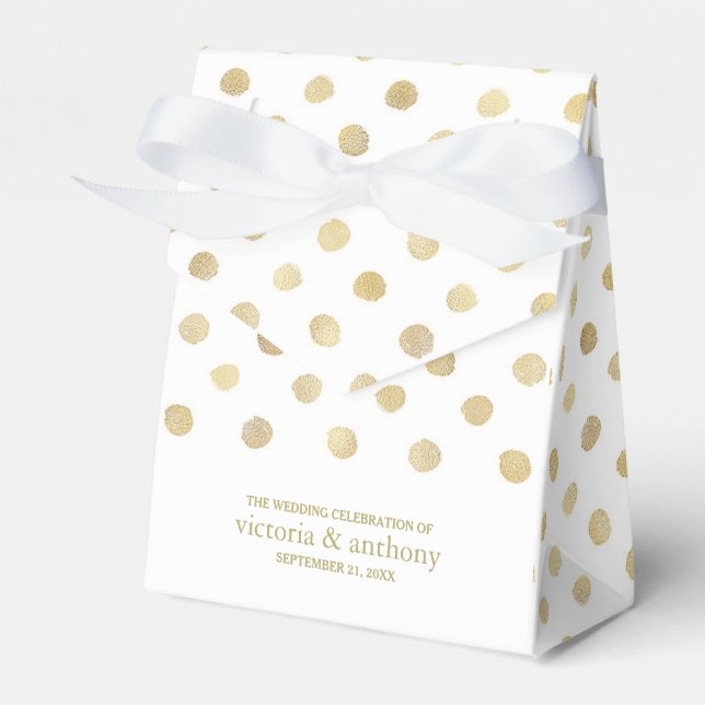 Modern White & Gold Polka Dots Wedding Favor Boxes (Front Side)