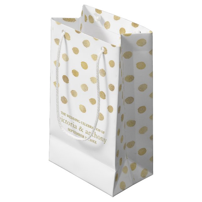 Modern White & Gold Polka Dots Wedding Favor Small Gift Bag (Front Angled)