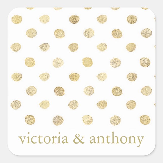 Modern White & Gold Polka Dots Wedding Favor Square Sticker (Front)