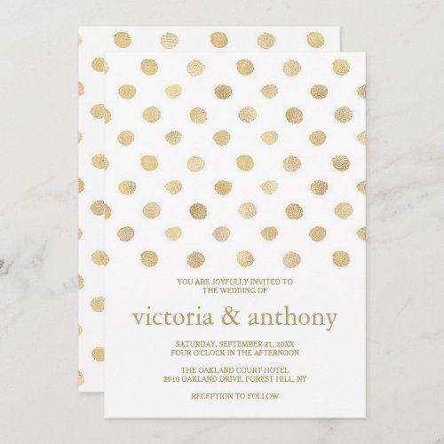 Modern White  Gold Polka Dots Wedding Invitation