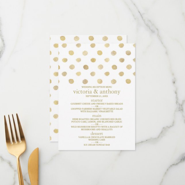 Modern White & Gold Polka Dots Wedding Menu (Front/Back In Situ)