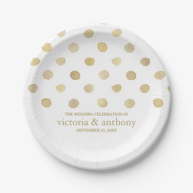Modern White & Gold Polka Dots Wedding Paper Plates (Front)