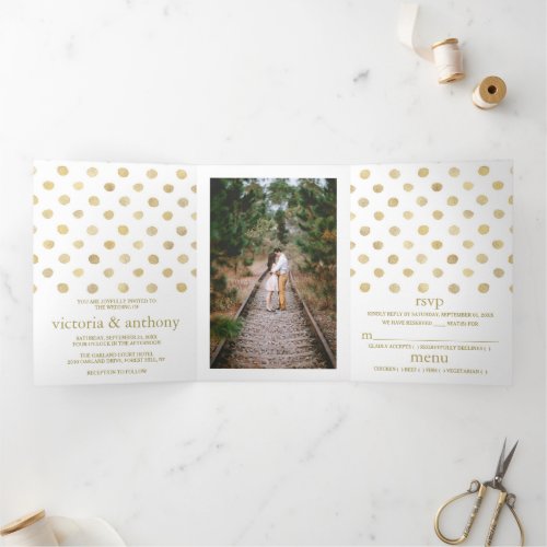 Modern White  Gold Polka Dots Wedding Suite Tri_Fold Invitation