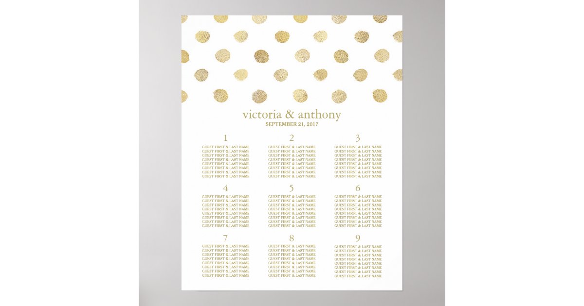 Modern White & Gold Polka Dots Wedding Table Plan Poster Zazzle